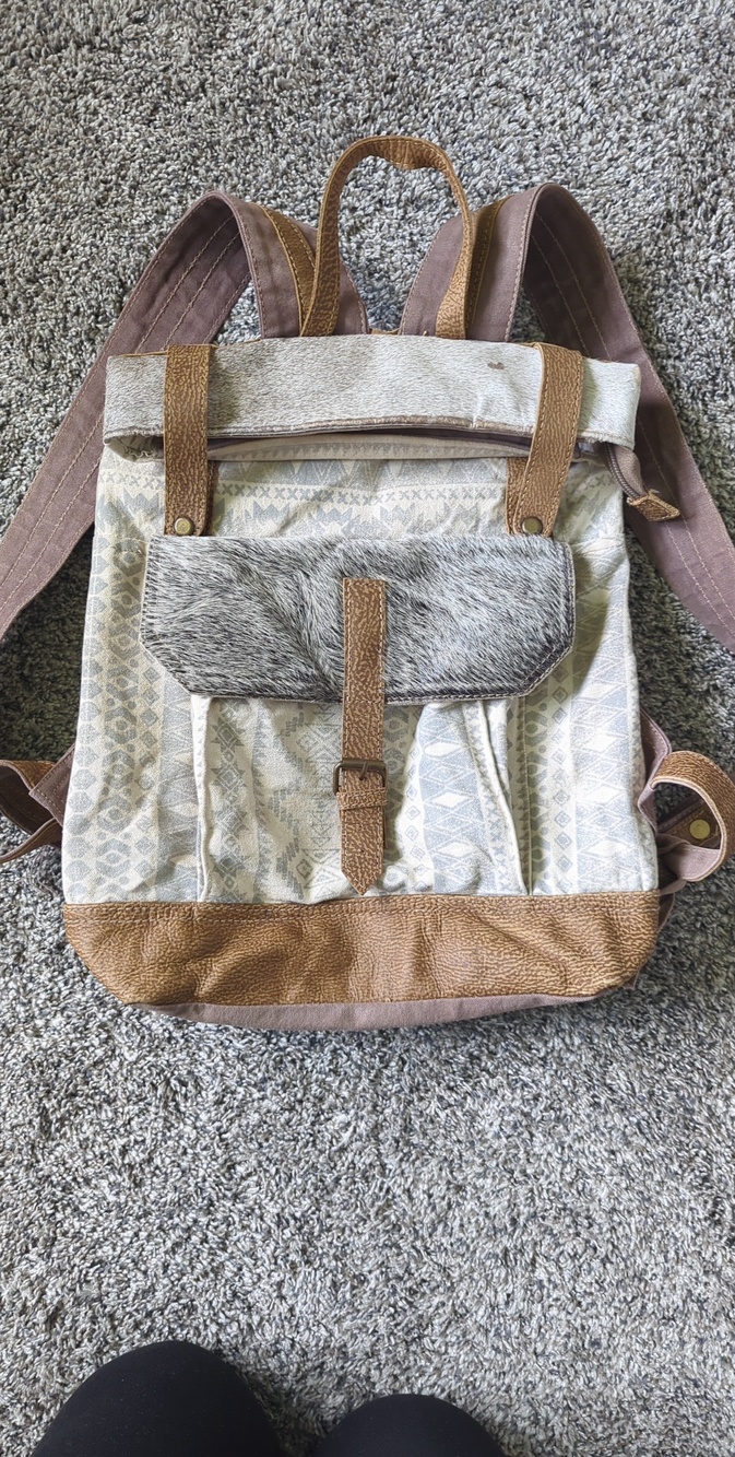 Myra Backpack -Canvas and Faux Fur Accent in Beige, Brown, and Gray